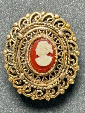 VINTAGE Lady Cameo Filigree Brooch Victorian Revival Petite